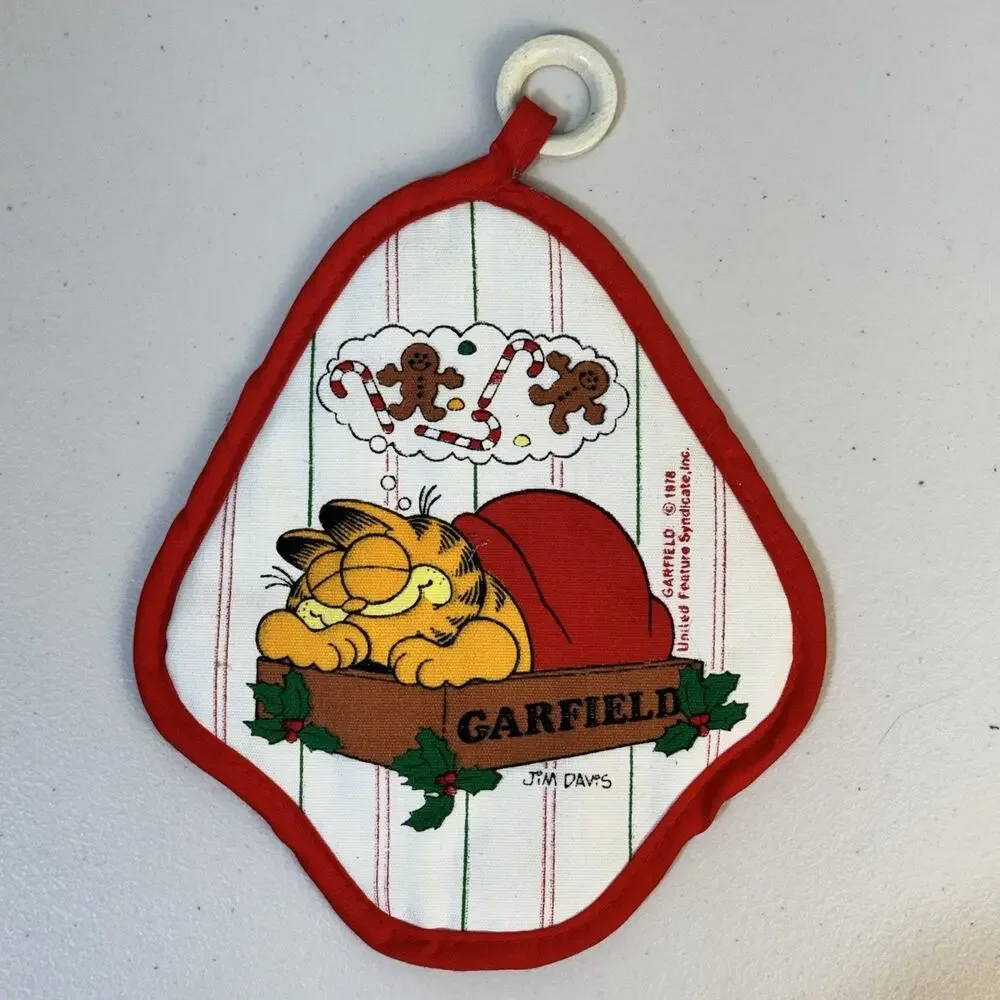 VTG 1978 Garfield Red Christmas Fabric Pot Holder Jim Davis Wooden Ring Holder